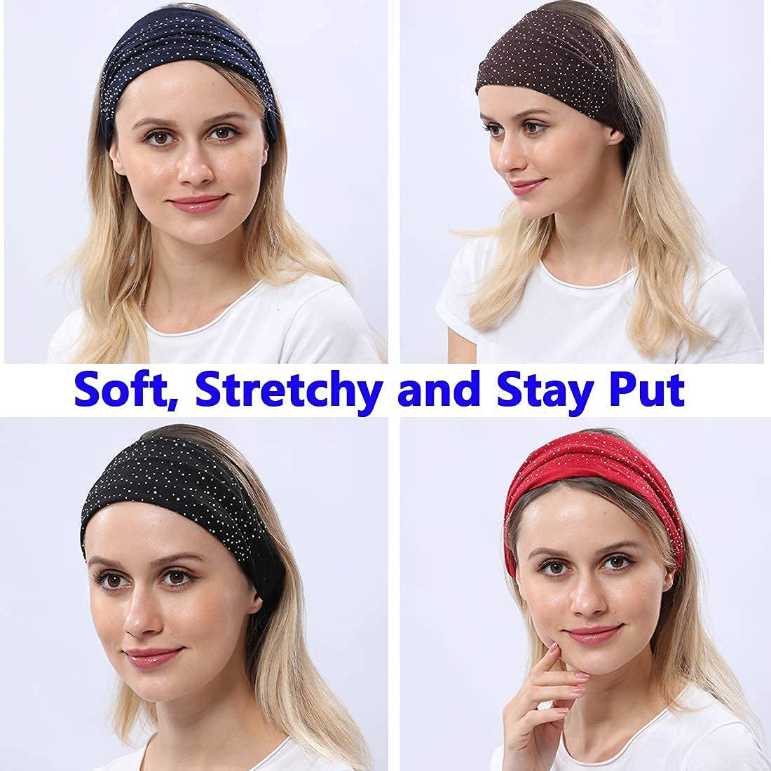 CAKURE Crystal Wide Headbands Rhinestone Bling Head Bands Sparkle Head Scarf Turban Headband Elastic African Head Wraps Sport Hair Bands for Women and Girls Pack of 3 (Set 2) Apparel & Accessories > Clothing Accessories > Bandanas & Headties CAKURE