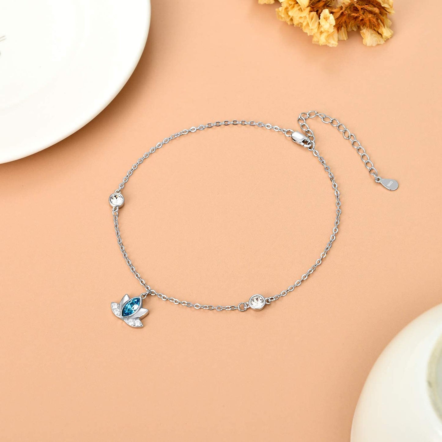Lotus Anklets for Women Sterling Silver Ankle Bracelets with Blue Crystals 9''+2'' Apparel & Accessories > Jewelry > Anklets AOBOCO