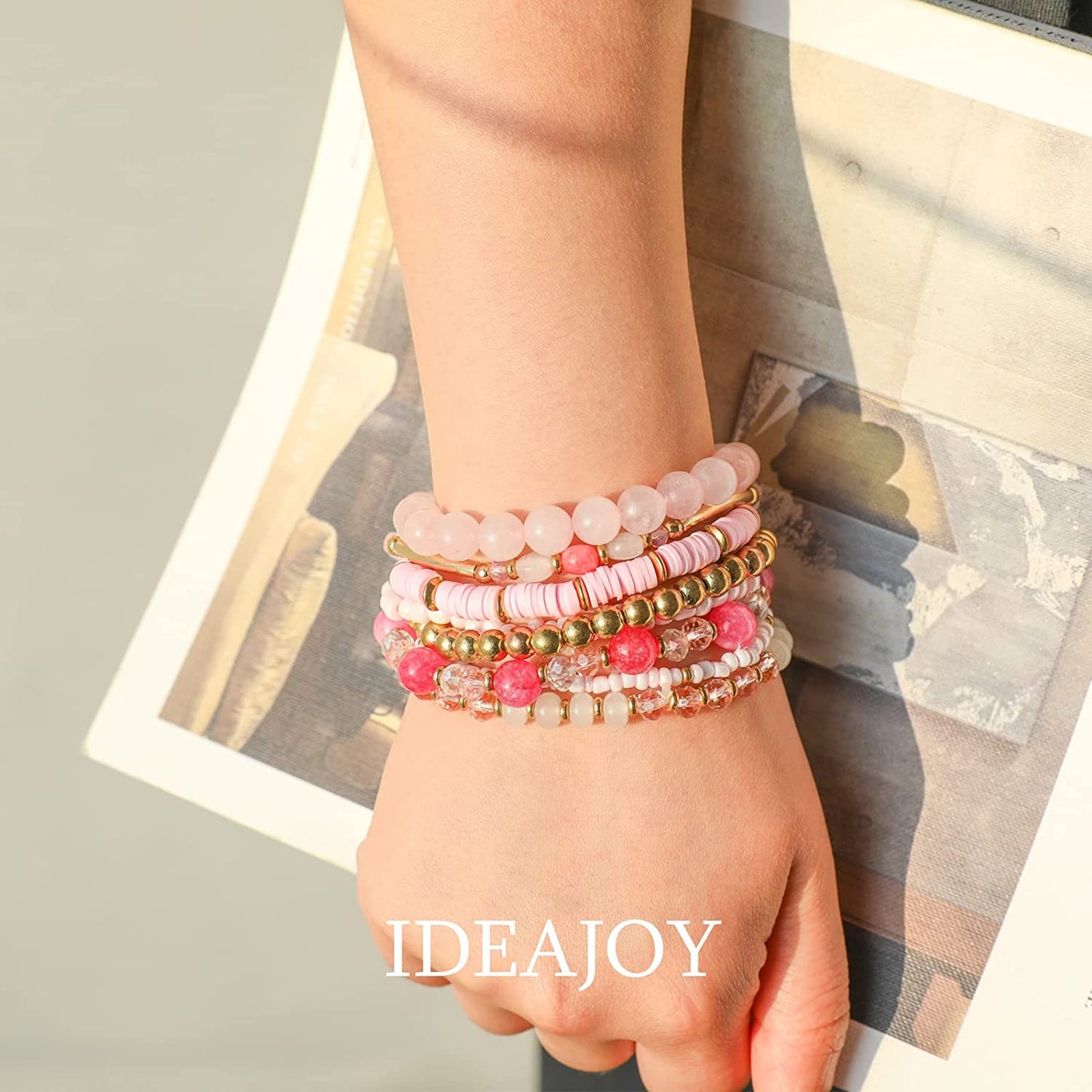 Bohemian Multi-Layer Beaded Stacking Pink Bracelets, 8 Pcs Versatile Strand Stretch Sparkly Crystal Beads Wrap Slip-On Cuff Bangle Set Apparel & Accessories > Jewelry > Bracelets IDEAJOY