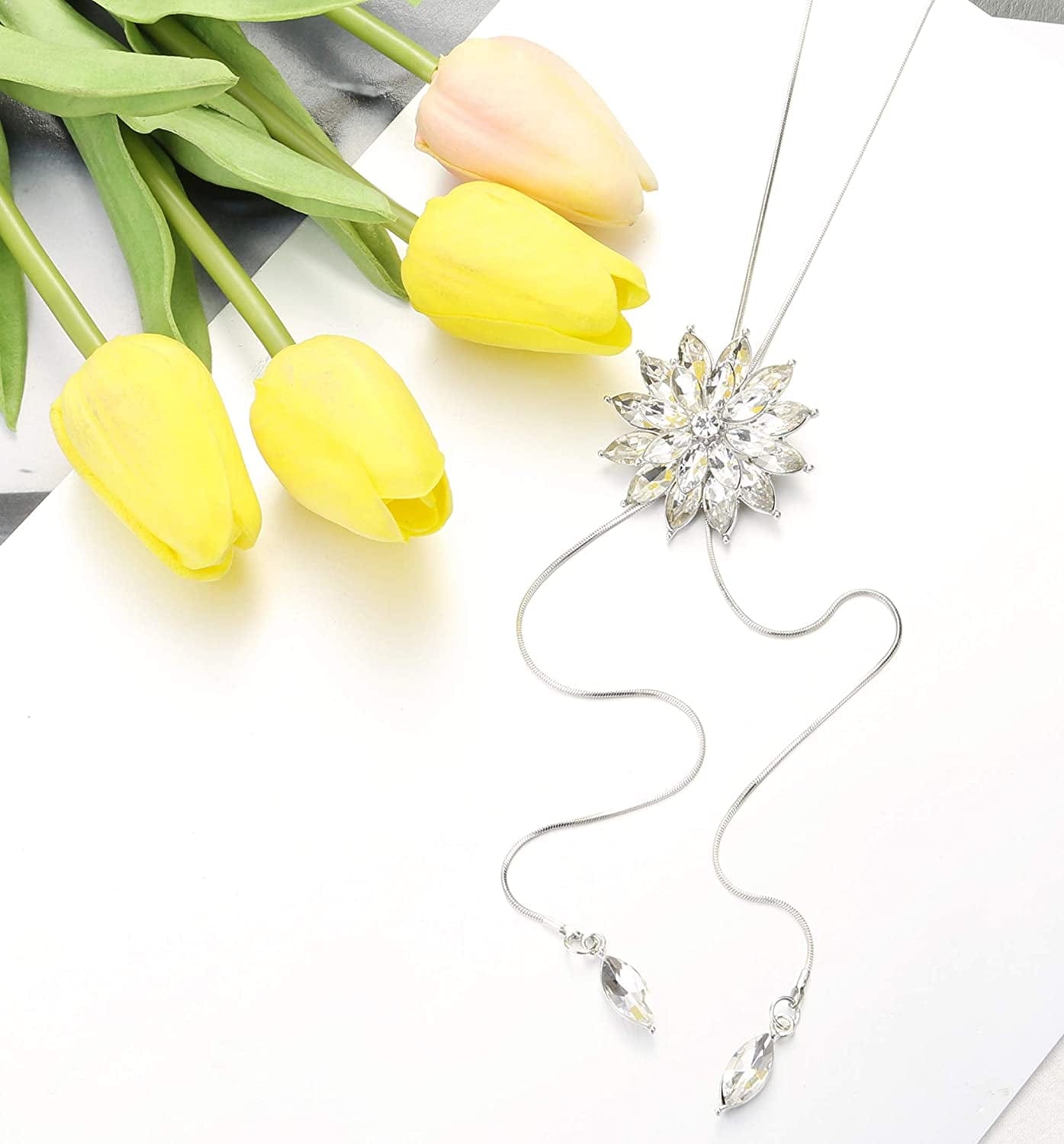 6Pcs Women Long Sweater Necklace Silver Plated Rhinestone Flower Tassel Pendant Neckace Jewelry Women Gifts 6pcs a Set