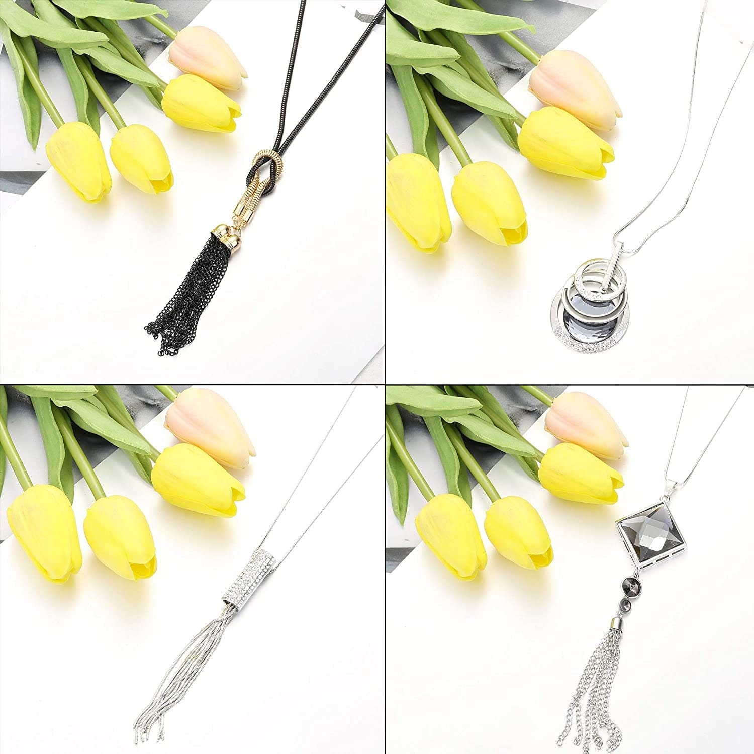 6Pcs Women Long Sweater Necklace Silver Plated Rhinestone Flower Tassel Pendant Neckace Jewelry Women Gifts 6pcs a Set