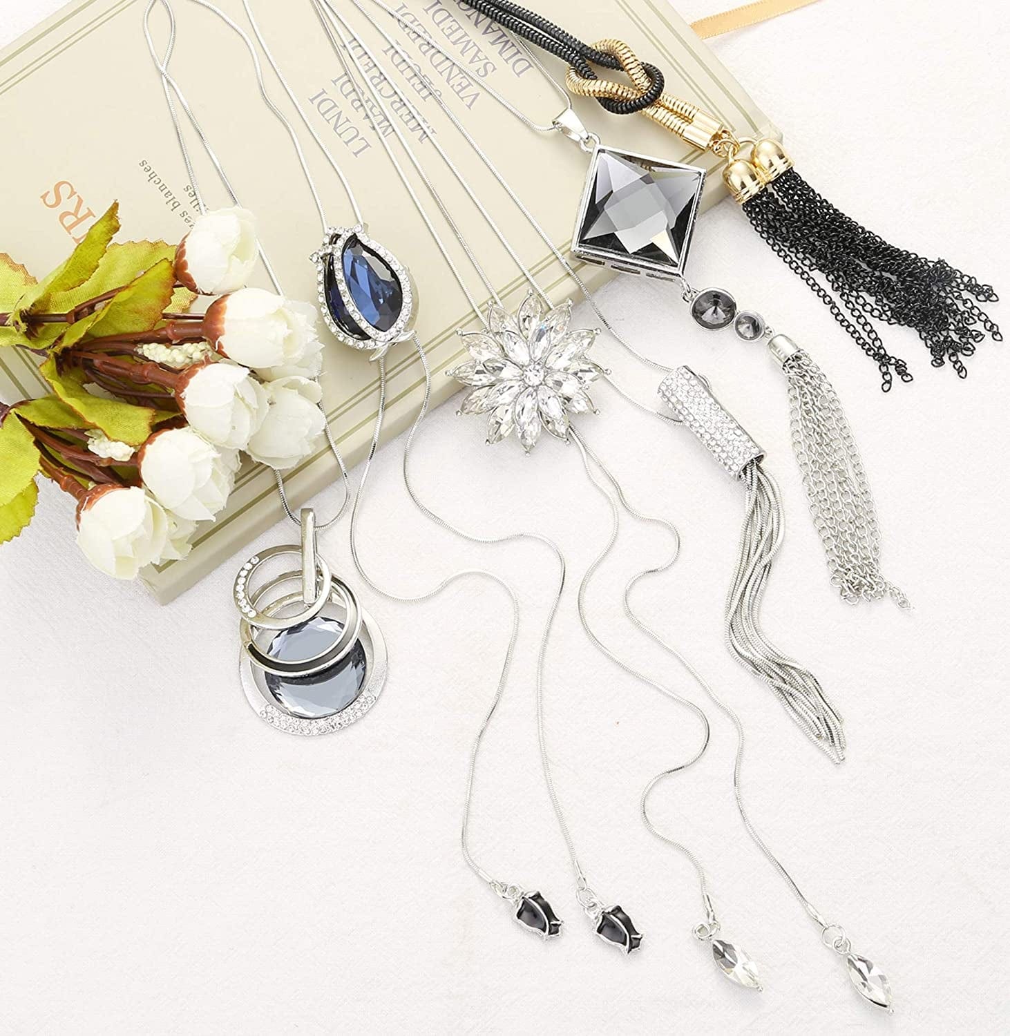 6Pcs Women Long Sweater Necklace Silver Plated Rhinestone Flower Tassel Pendant Neckace Jewelry Women Gifts 6pcs a Set