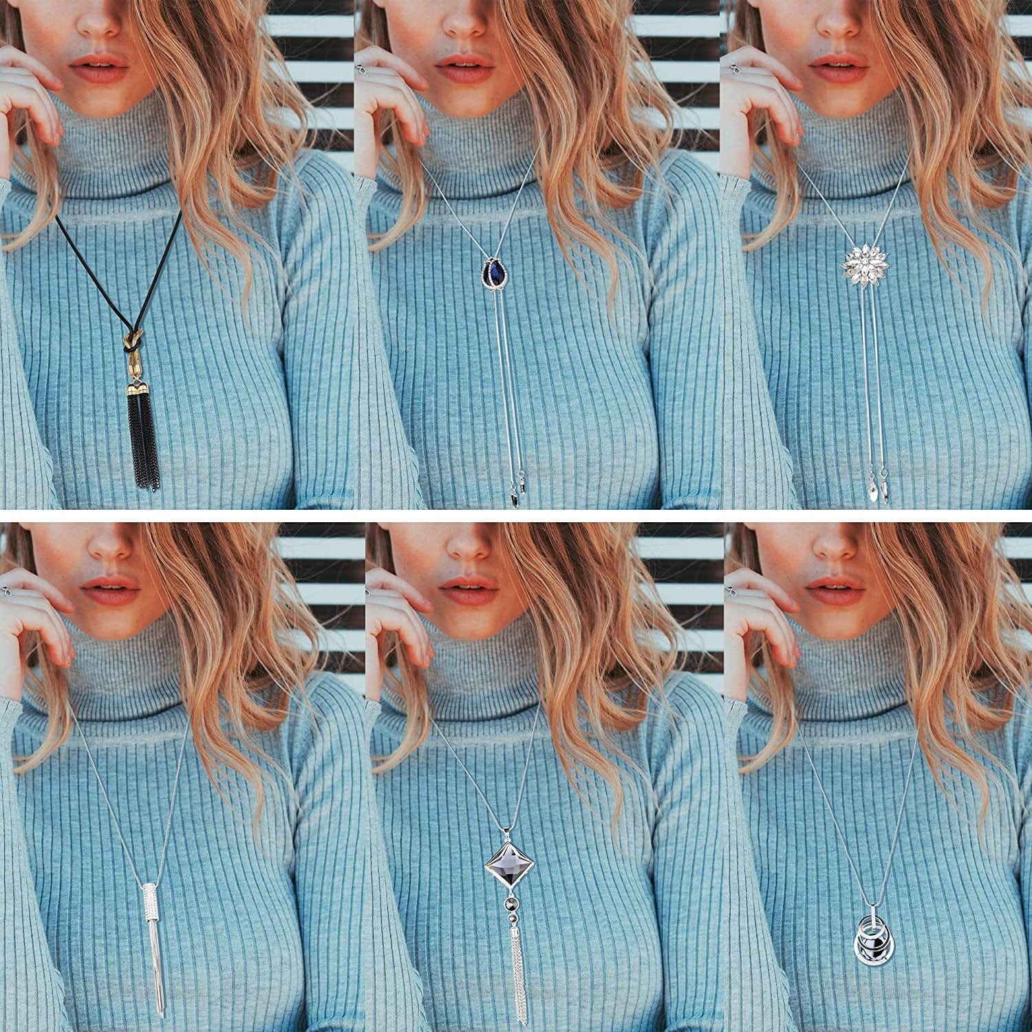 6Pcs Women Long Sweater Necklace Silver Plated Rhinestone Flower Tassel Pendant Neckace Jewelry Women Gifts 6pcs a Set