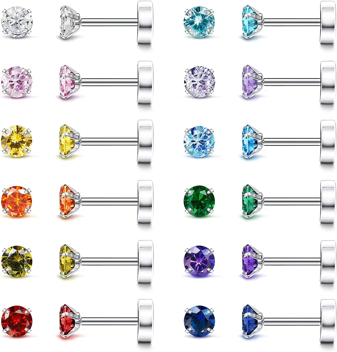 7-12Pairs 20G Hypoallergenic Brithstone Stud Earrings for Women Men Flatback Earrings Stainless Steel Cubic Zirconia Earrings Piercing Ear Cartilage B. 12Pairs, 4MM Birthstone set