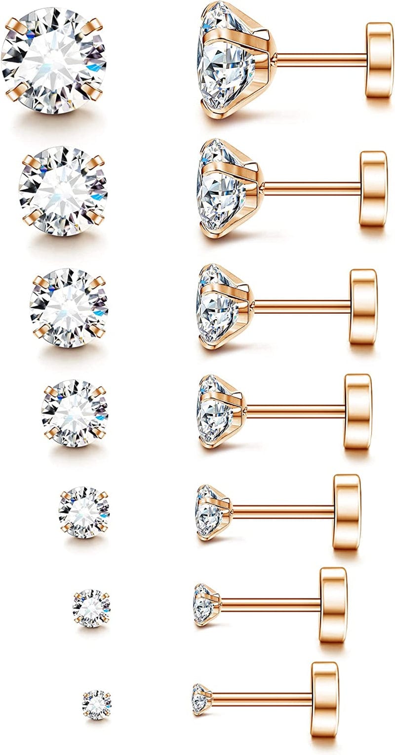 7-12Pairs 20G Hypoallergenic Brithstone Stud Earrings for Women Men Flatback Earrings Stainless Steel Cubic Zirconia Earrings Piercing Ear Cartilage F. 7Pairs, 2-8mm rose gold plated