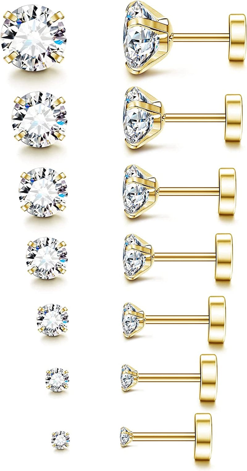7-12Pairs 20G Hypoallergenic Brithstone Stud Earrings for Women Men Flatback Earrings Stainless Steel Cubic Zirconia Earrings Piercing Ear Cartilage E. 7Pairs, 2-8mm 14k gold plated