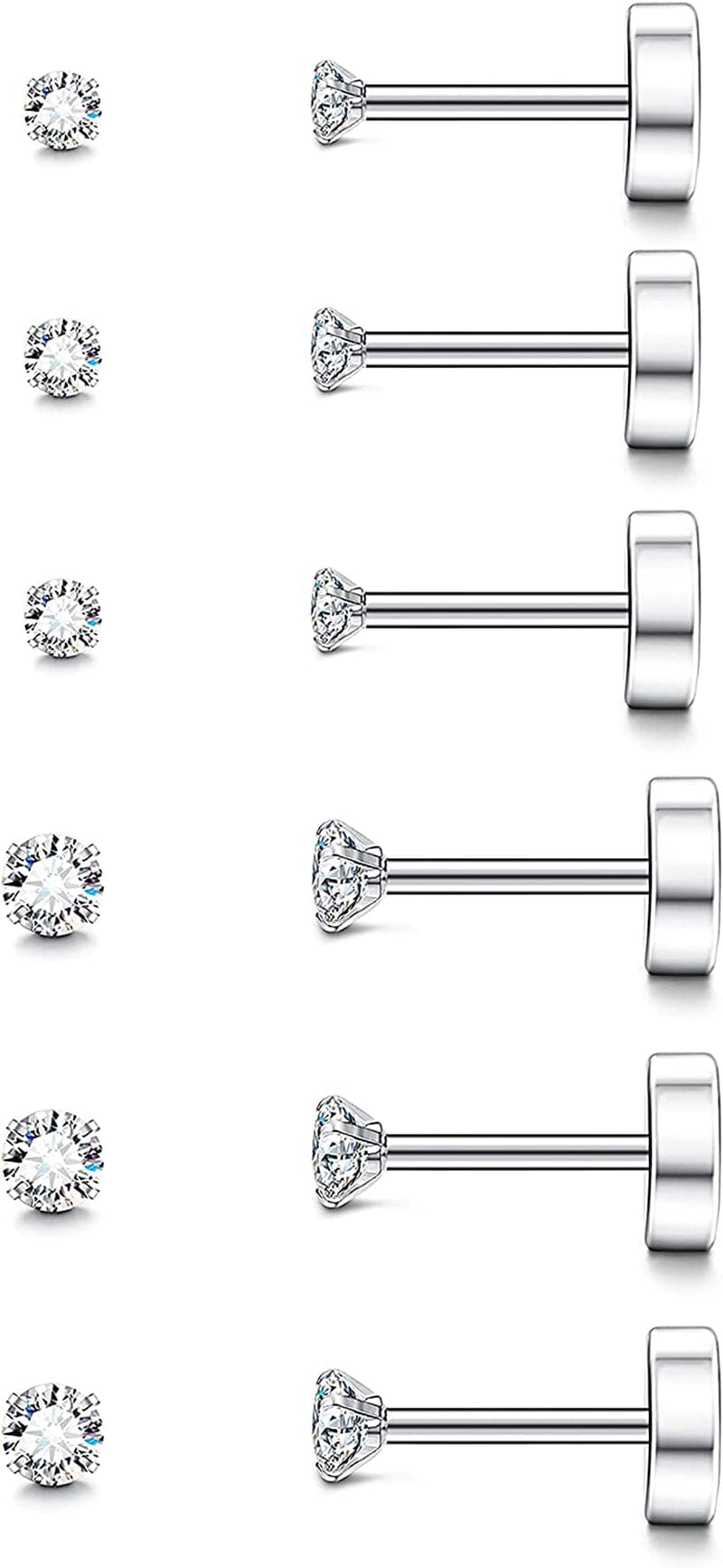 7-12Pairs 20G Hypoallergenic Brithstone Stud Earrings for Women Men Flatback Earrings Stainless Steel Cubic Zirconia Earrings Piercing Ear Cartilage C. 6Pairs Tiny Earrings, 2mm 3mm