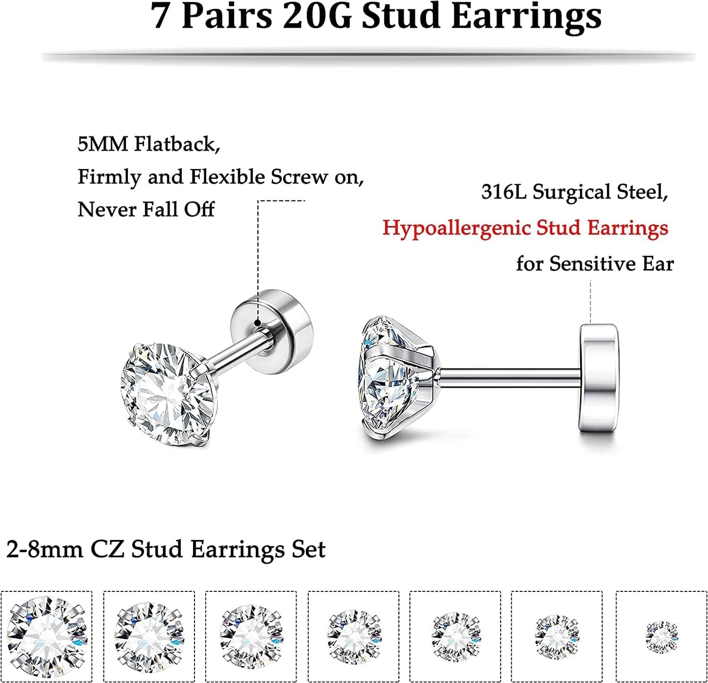 7-12Pairs 20G Hypoallergenic Brithstone Stud Earrings for Women Men Flatback Earrings Stainless Steel Cubic Zirconia Earrings Piercing Ear Cartilage