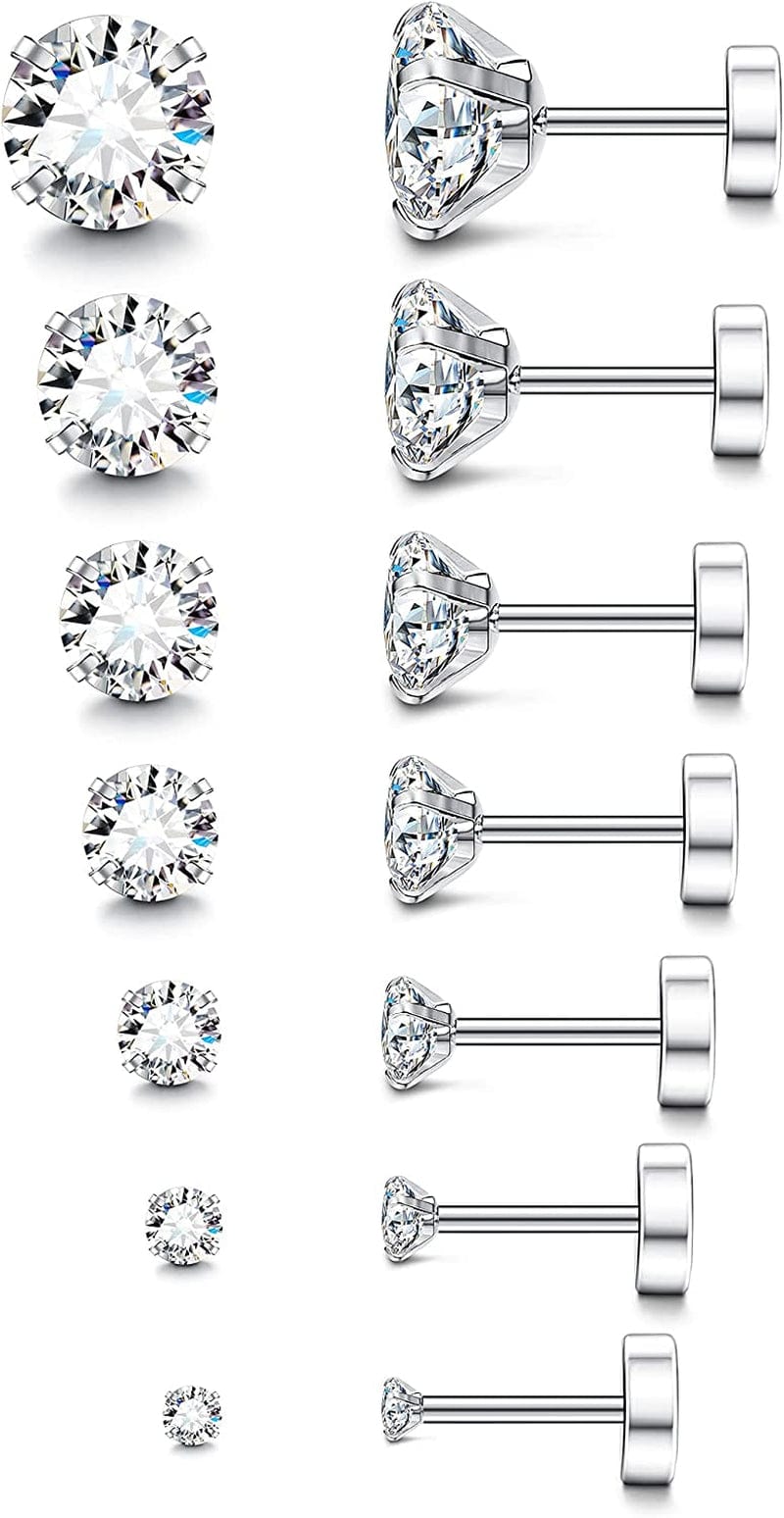 7-12Pairs 20G Hypoallergenic Brithstone Stud Earrings for Women Men Flatback Earrings Stainless Steel Cubic Zirconia Earrings Piercing Ear Cartilage A. 7Pairs, 2-8mm cz