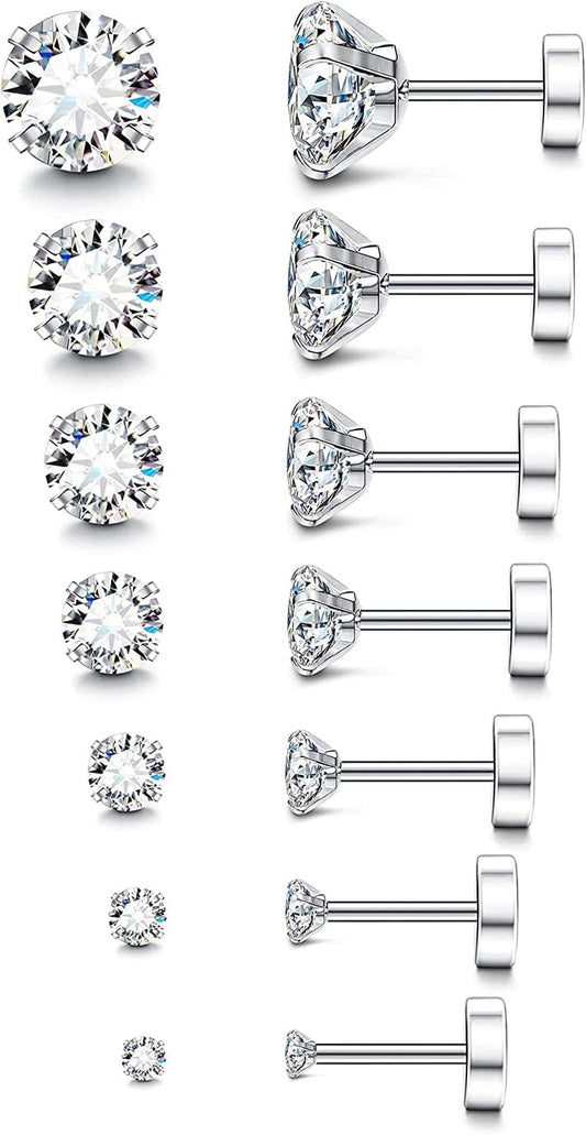 7-12Pairs 20G Hypoallergenic Brithstone Stud Earrings for Women Men Flatback Earrings Stainless Steel Cubic Zirconia Earrings Piercing Ear Cartilage A. 7Pairs, 2-8mm cz