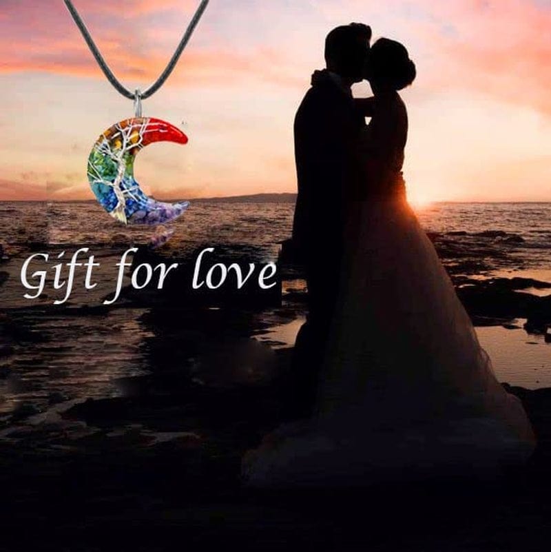 7 Chakra Tree of Life Moon Necklace Wire Wrapped Healing Crystal Necklace Natural Resin Reiki Crystals Moon Jewelry for Women Creative Birthday Gift/Energy Gift