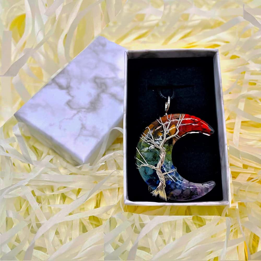 7 Chakra Tree of Life Moon Necklace Wire Wrapped Healing Crystal Necklace Natural Resin Reiki Crystals Moon Jewelry for Women Creative Birthday Gift/Energy Gift