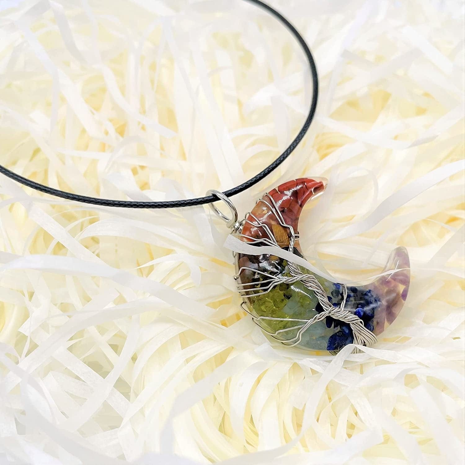 7 Chakra Tree of Life Moon Necklace Wire Wrapped Healing Crystal Necklace Natural Resin Reiki Crystals Moon Jewelry for Women Creative Birthday Gift/Energy Gift