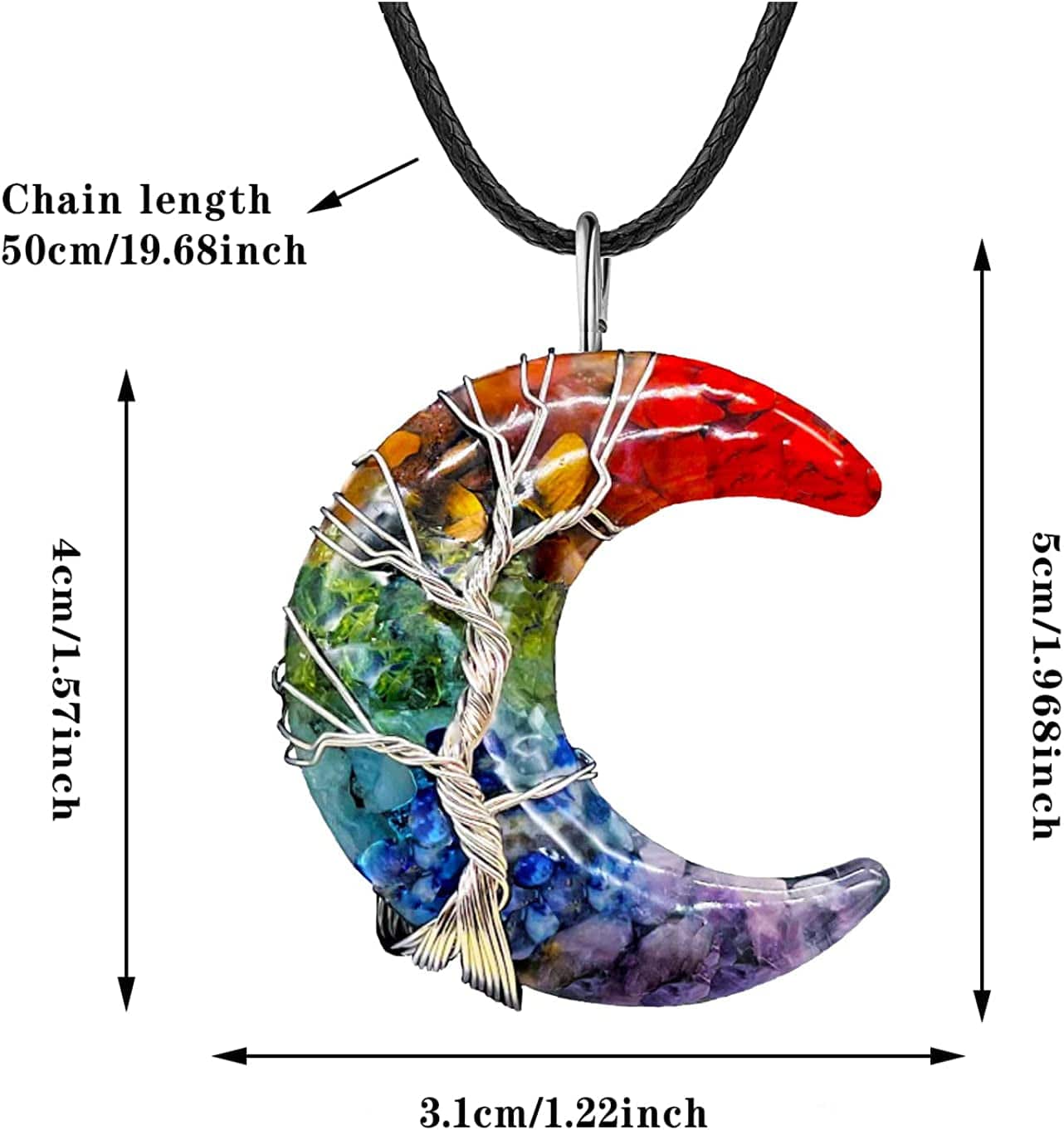 7 Chakra Tree of Life Moon Necklace Wire Wrapped Healing Crystal Necklace Natural Resin Reiki Crystals Moon Jewelry for Women Creative Birthday Gift/Energy Gift