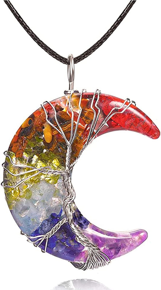 7 Chakra Tree of Life Moon Necklace Wire Wrapped Healing Crystal Necklace Natural Resin Reiki Crystals Moon Jewelry for Women Creative Birthday Gift/Energy Gift