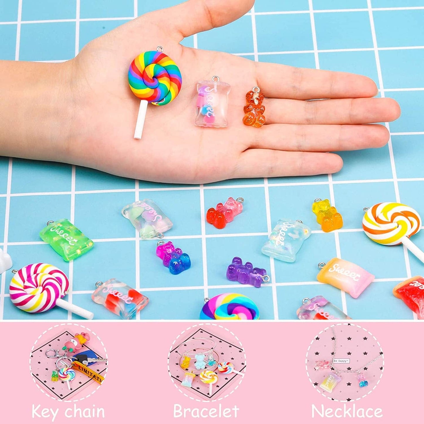 70 Pieces Colorful Candy Pendant Charm, Includes 35 Pieces Gummy DIY Bear Charm Pendants 25 Pieces Sweet Candy Pendant 10 Pieces Lollipop Shape Polymer Clay Charms for Art Craft Jewelry Making