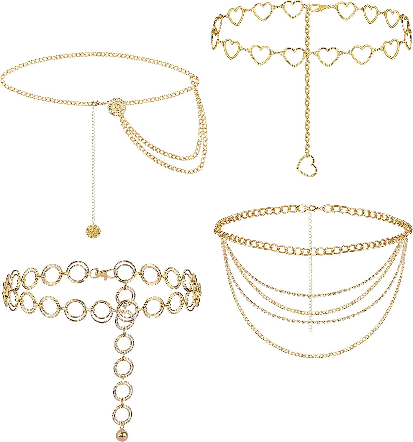 LOLIAS 4 Pcs Waist Chain Belts for Women Men Metal Belly Gold Chains Jeans Pants Chains Multi-Layer Hip Hop Body Jewelry Apparel & Accessories > Jewelry > Body Jewelry LOLIAS