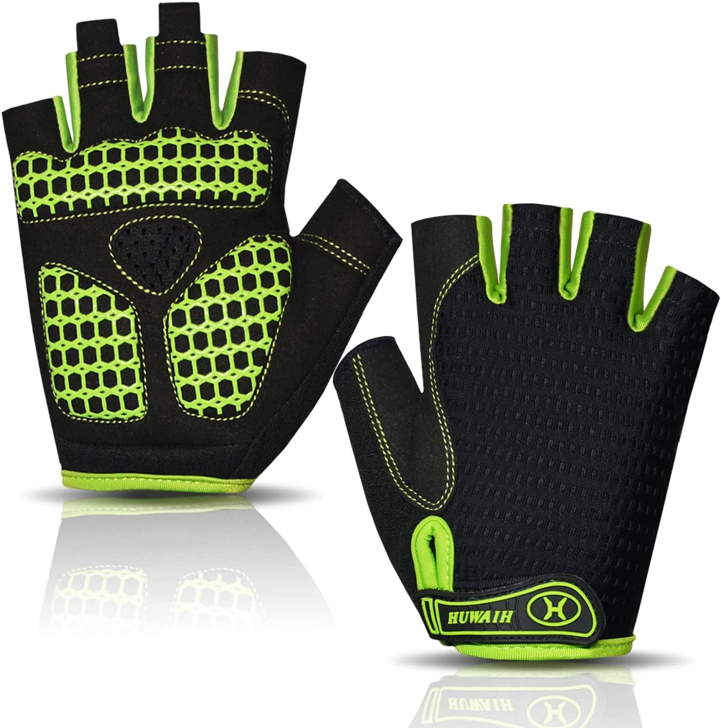 Huwaih Cycling Gloves for Men/Women anti Slip Shock Absorbing Biking Gloves Half Finger Gel Pad Bicycle Gloves Breathable Bike Gloves Apparel & Accessories > Clothing Accessories > Gloves & Mittens HuwaiH Green M (Palm Width: 3.35"-3.55")