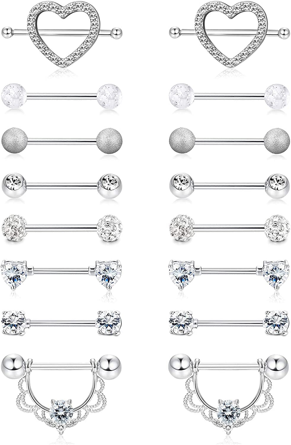 FINREZIO 6-8 Pairs 14G Nipple Rings 316L Surgical Steel Heart CZ Tongue Barbell Body Piercing Shield Ring Set 5/8 Inches Apparel & Accessories > Jewelry > Body Jewelry FINREZIO Silver tone