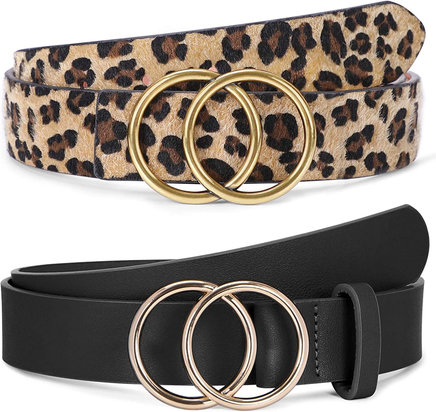 Women Leather Belt Fashion Double O-Ring Soft Faux Leather Waist Belts for Jeans Dress Apparel & Accessories > Clothing Accessories > Belts SUOSDEY J-black+leopard L: 35''-40'' Waist Size