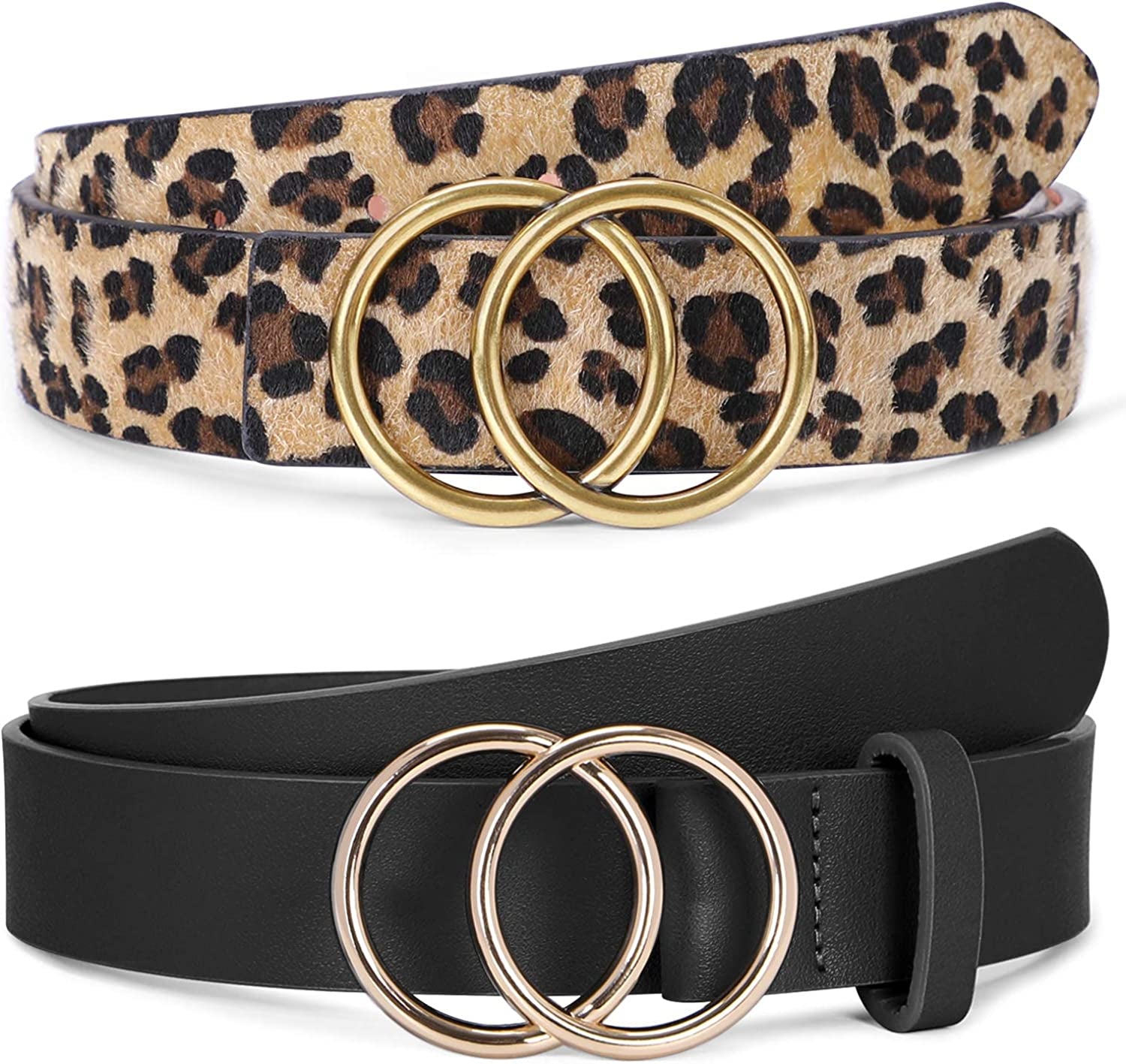 Women Leather Belt Fashion Double O-Ring Soft Faux Leather Waist Belts for Jeans Dress Apparel & Accessories > Clothing Accessories > Belts SUOSDEY J-black+leopard L: 35''-40'' Waist Size