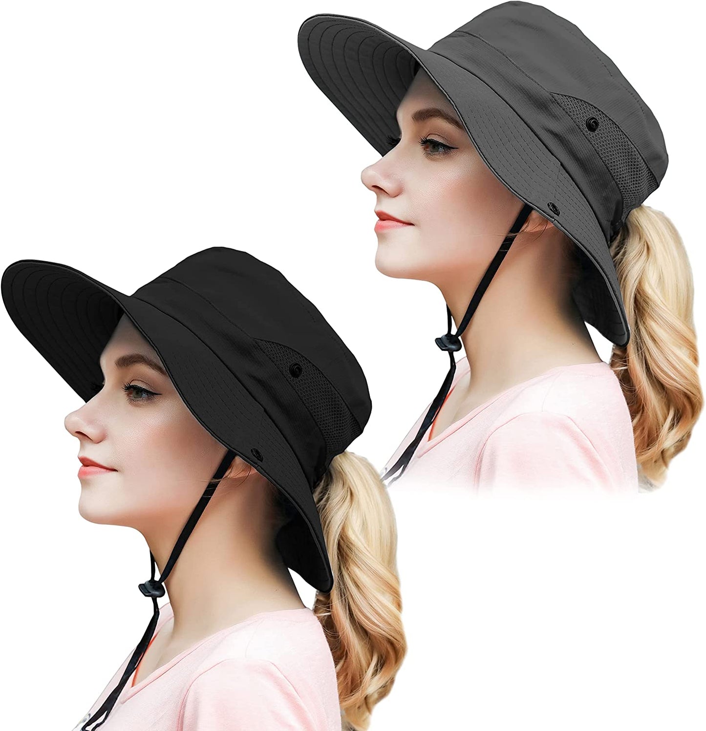 Muryobao 2 Pack Women Ponytail Summer Sun Hat UV Protection Wide Brim Foldable Safari Fishing Cap Apparel & Accessories > Clothing Accessories > Hats Muryobao 2 Pack - Black & Grey