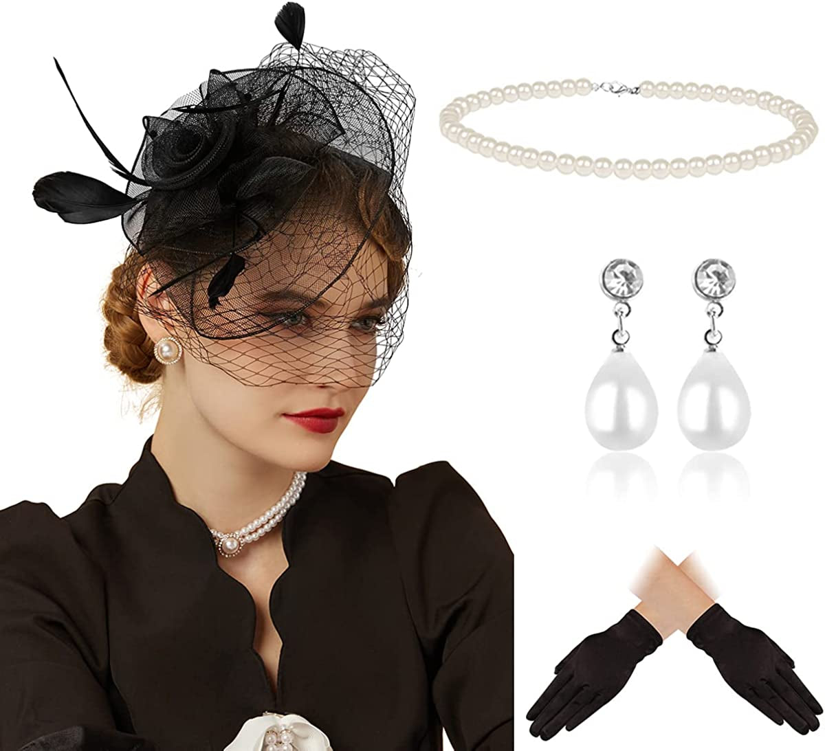 Fascinators Hats 20S 50S Hat Pillbox Hat Cocktail Tea Party Headwear with Veil for Girls and Women Apparel & Accessories > Clothing Accessories > Headwear Cizoe D-black Set-3