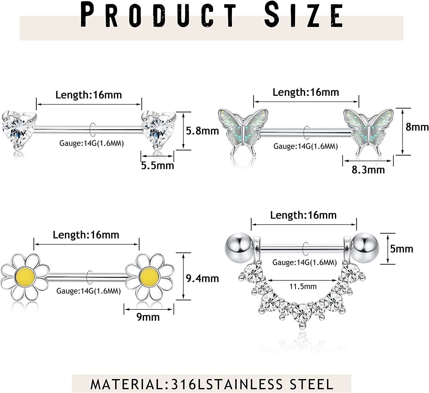 FINREZIO 4Pairs 14G Nipple Rings 316L Surgical Steel Flower Nipple Tongue Ring Barbell Piercing for Women Body Piercing Jewelry Apparel & Accessories > Jewelry > Body Jewelry FINREZIO