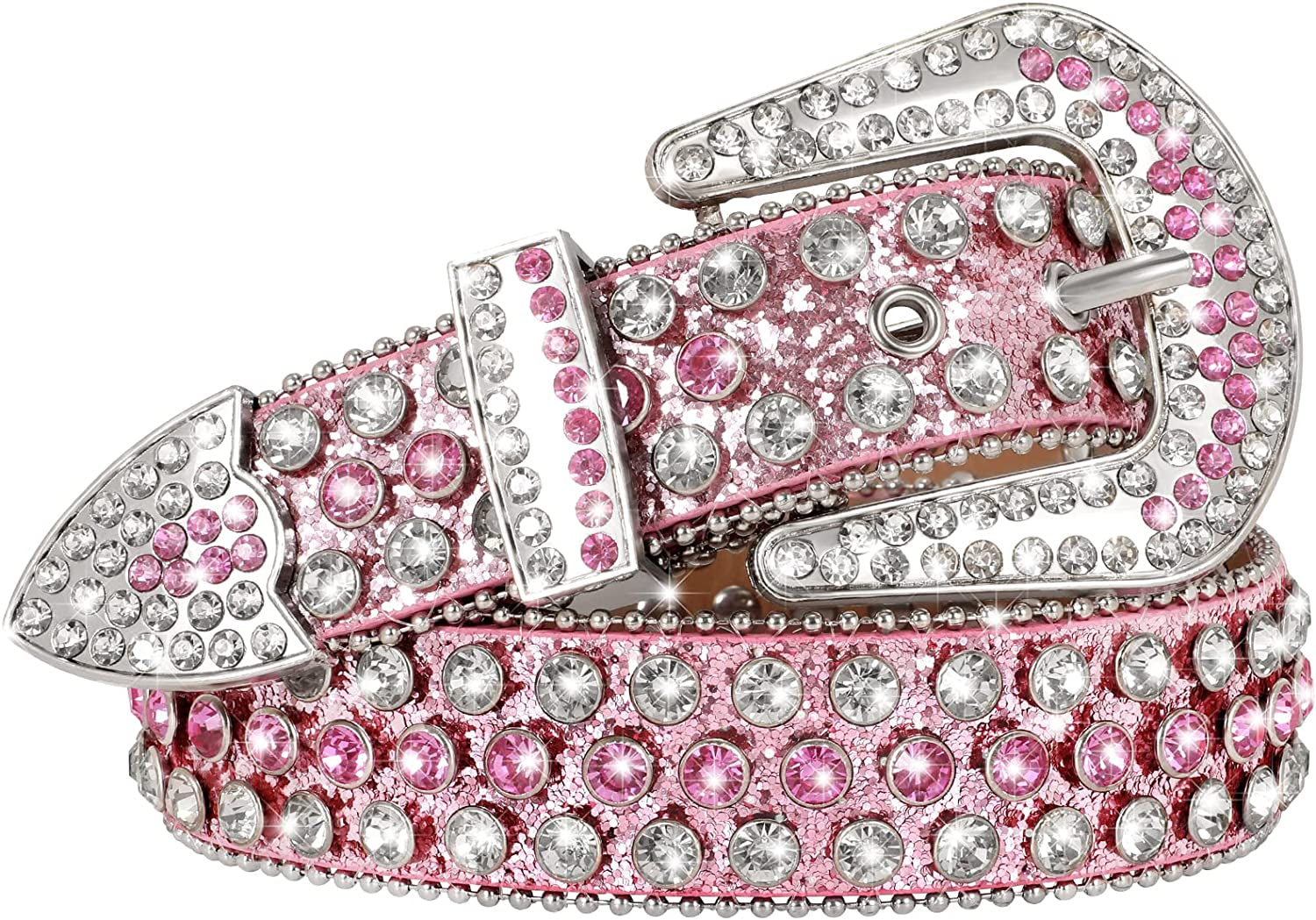 Men Women Fashion Rhinestone Belt SUOSDEY Western Cowgirl Bling Studded Design Leather Diamond Belt for Jeans Dress Apparel & Accessories > Clothing Accessories > Belts SUOSDEY 05-pink(silver Buckle) XL:fits waist size 43''-47''