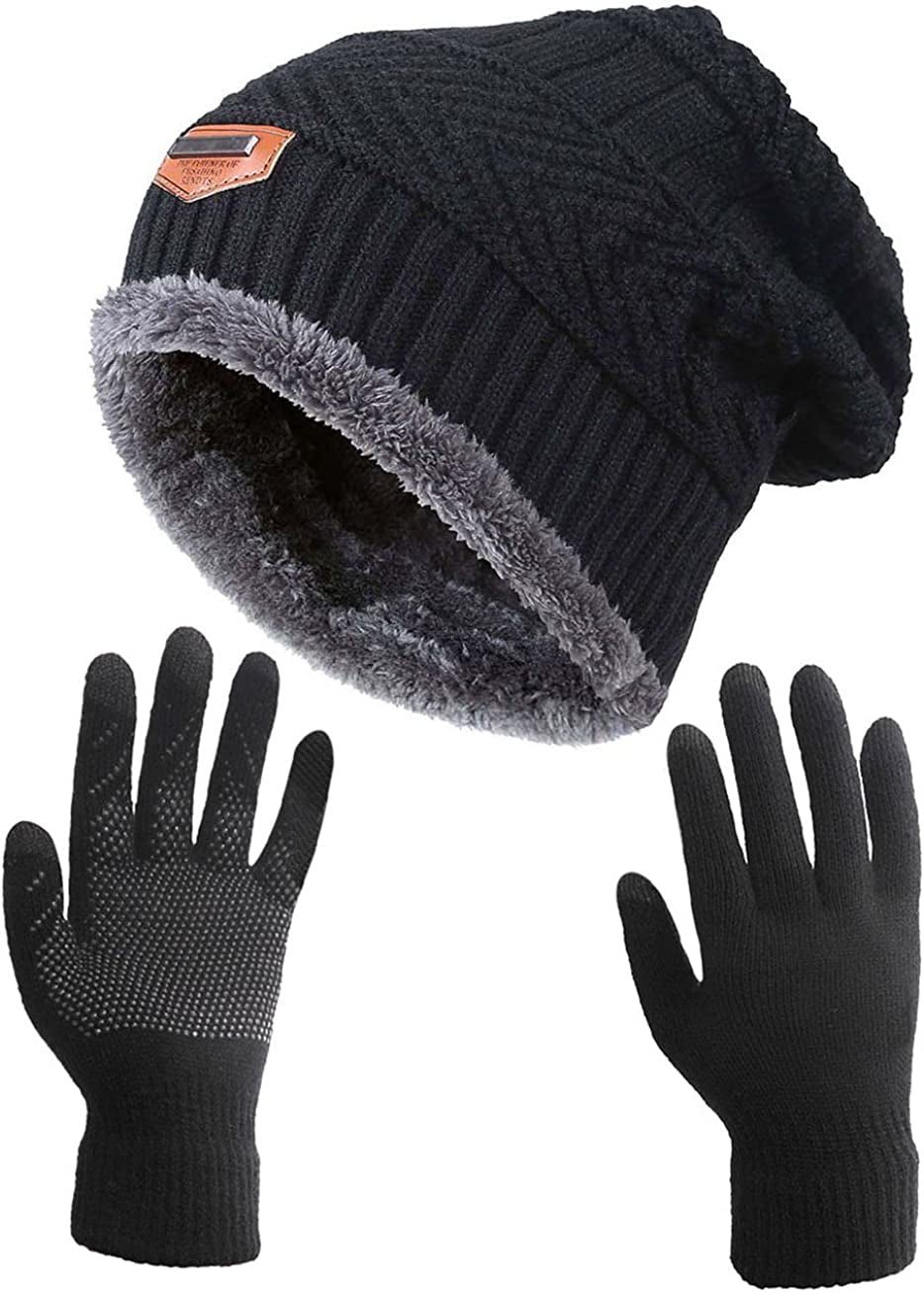 HINDAWI Winter Slouchy Beanie Gloves for Women Knit Hats Skull Caps Touch Screen Mittens Apparel & Accessories > Clothing Accessories > Gloves & Mittens HINDAWI Hat+gloves (Black)