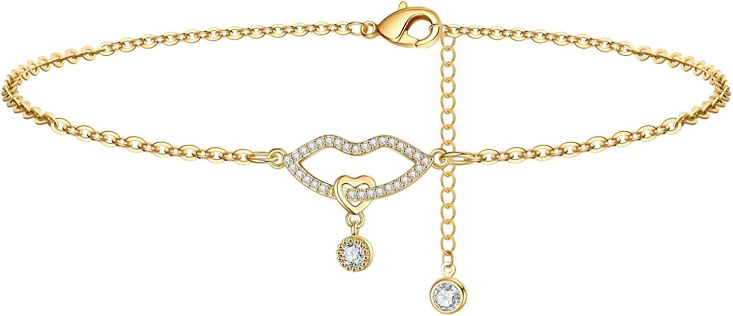 Dainty Ankle Bracelets for Women Girls, 14K Gold Filled Handmade Anklet Tiny Lock Key Star Lightning Crescent Elephant Evil Eye Ankle Bracelets for Women Girls Summer Boho Beach Foot Jewelry Apparel & Accessories > Jewelry > Anklets Yoosteel Lips&Heart