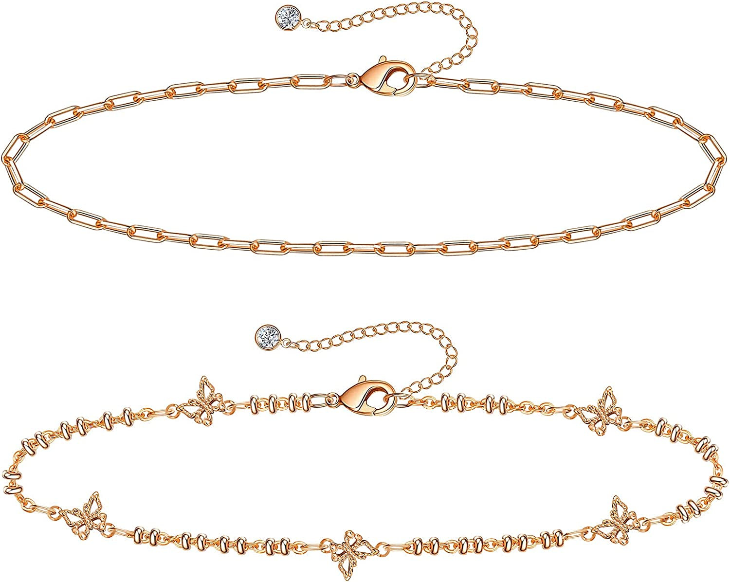 Gold Ankle Bracelets for Women 14K Gold Plated Anklet Silver Rose Gold Evil Eye Tennis Crystal Cubic Zirconia Faux Diamond Rhinestone Anklet Dainty Layered Anklet Set 3Pcs Apparel & Accessories > Jewelry > Anklets Vermeyen L-Rose Gold-Butterfly
