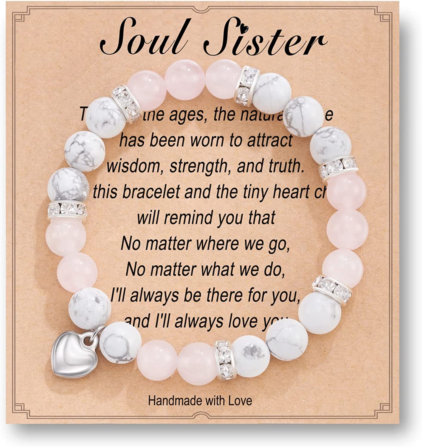 HGDEER Natural Stone Sister Bracelet, Sister Meaningful Gifts for Women Girls with Gift Message Card Apparel & Accessories > Jewelry > Bracelets HGDEER Soul Sister - Pink&White