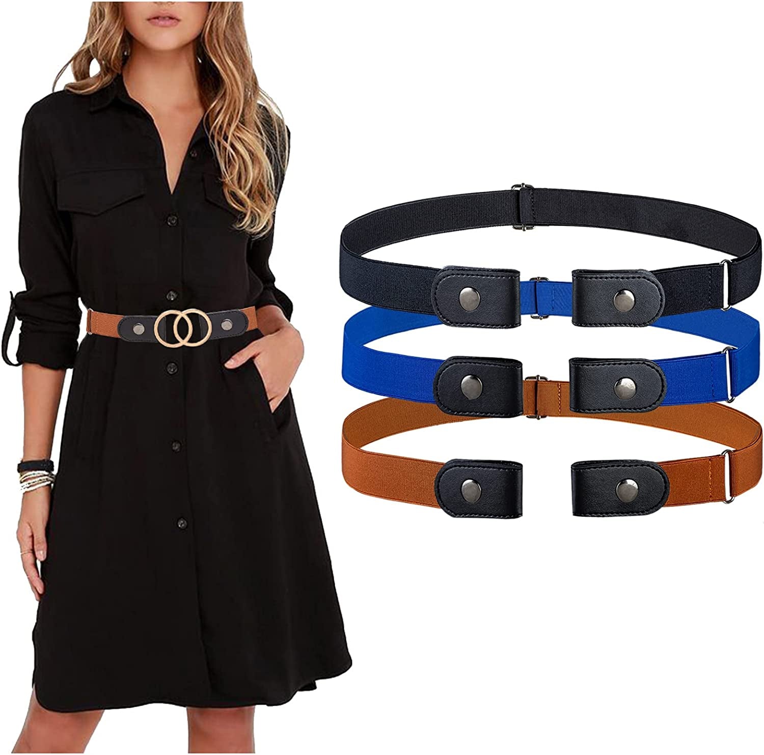 MSTOKIN No Buckle Stretch Belt Invisible Elastic Buckleless Belts for Jeans Double O Ring Belt for Waist Dress Pack of 4,2 Apparel & Accessories > Clothing Accessories > Belts MSTOKIN Black/Blue/Coffee