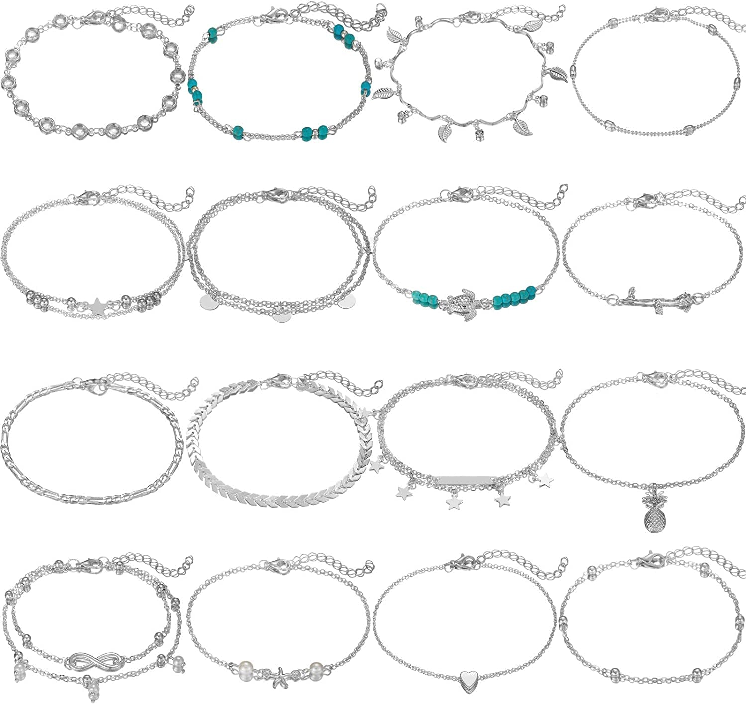 Starain 12Pcs Women'S Charm Anklet Set Gold Multilayer Adjustable Ankle Bracelets Boho Beach Foot Anklet for Women Girls Apparel & Accessories > Jewelry > Anklets Starain 16Pcs Silver Ankle Bracelet