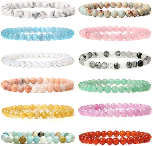 Svovin 12Pcs Gemstone 6Mm Semi Precious round Beaded Bracelet Set for Women Men Girl Healing Crystal Stretch Energy Stone Bead Bracelets Jewelry Apparel & Accessories > Jewelry > Bracelets Svovin