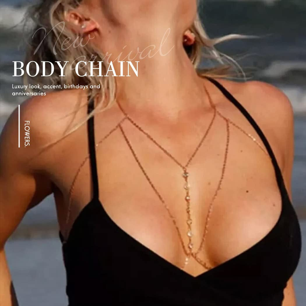 Ronglia Sexy Layered Body Chains Gold Rhinestone Bra Chain Rhinestone Belly Chain Bikini Beach Body Jewelry for Women and Girls Apparel & Accessories > Jewelry > Body Jewelry Generic