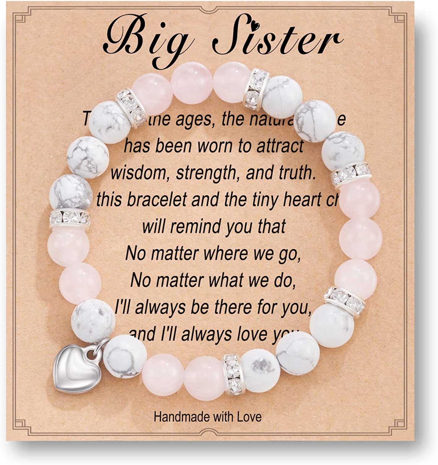HGDEER Natural Stone Sister Bracelet, Sister Meaningful Gifts for Women Girls with Gift Message Card Apparel & Accessories > Jewelry > Bracelets HGDEER Big Sister - Pink&White
