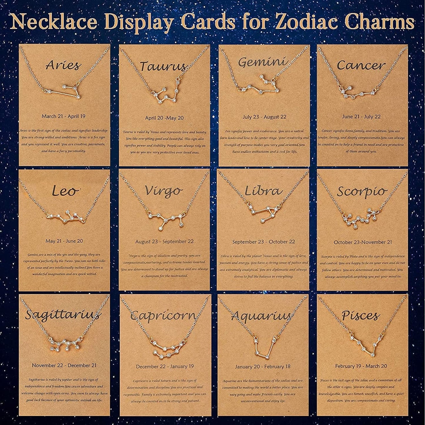 72 Pieces Zodiac Charms Set, Includes 36 Sign Letter Rhinestone Symbol Charm Pendant, 36 Zodiac Charm Necklace Display Cards with 6 Necklace Chains and 48 Split Rings for Jewelry Making