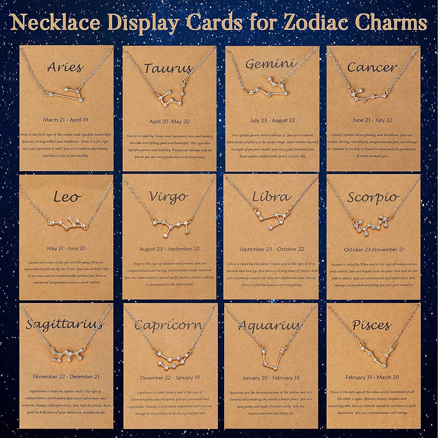 72 Pieces Zodiac Charms Set, Includes 36 Sign Letter Rhinestone Symbol Charm Pendant, 36 Zodiac Charm Necklace Display Cards with 6 Necklace Chains and 48 Split Rings for Jewelry Making