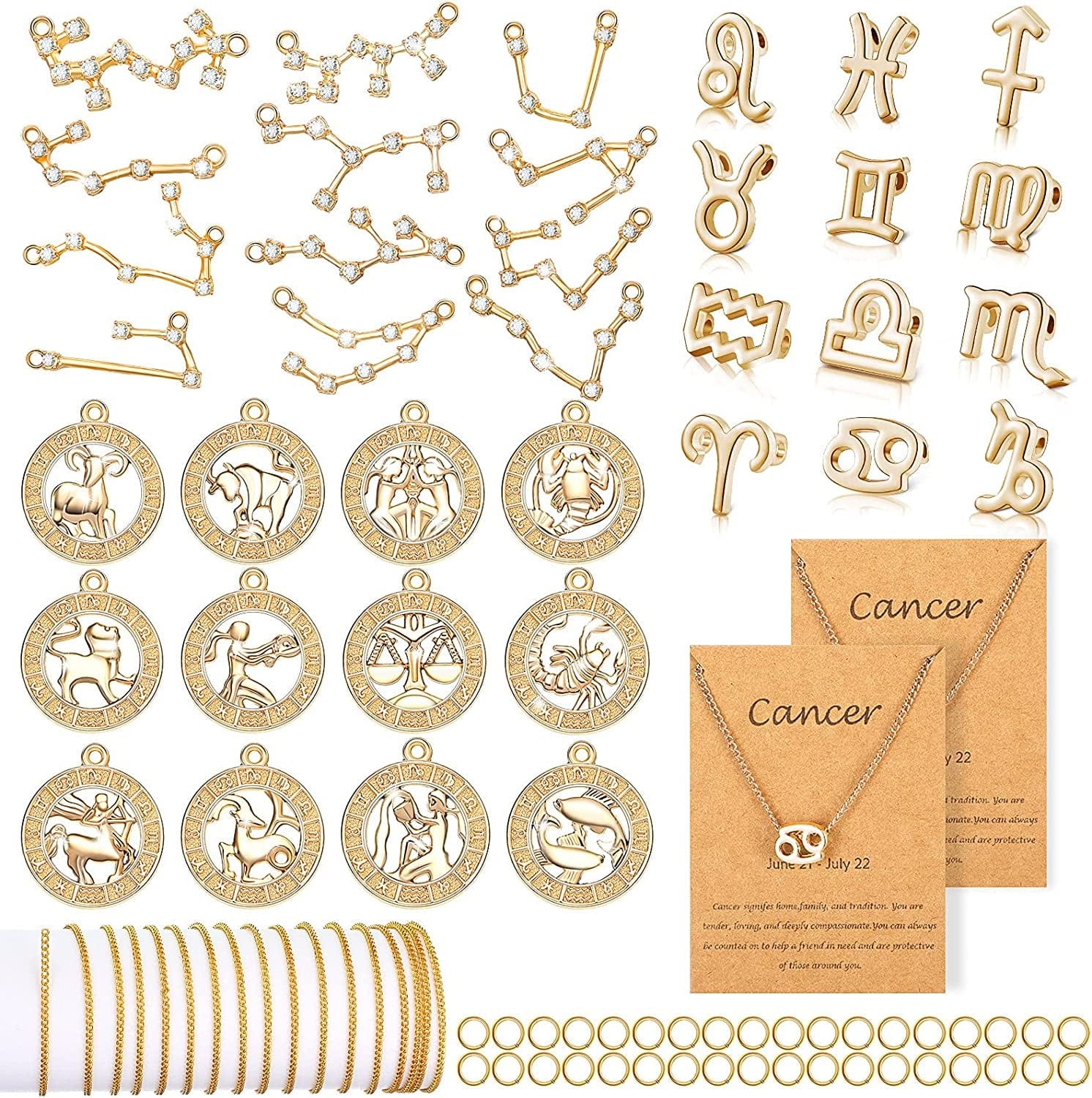 72 Pieces Zodiac Charms Set, Includes 36 Sign Letter Rhinestone Symbol Charm Pendant, 36 Zodiac Charm Necklace Display Cards with 6 Necklace Chains and 48 Split Rings for Jewelry Making
