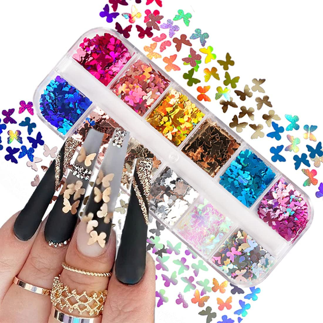 Valentine'S Day 3D Heart Nail Art Glitters Stickers Colorful Love Hearts Nail Sequins Holographic Laser Sparkle Nail Flakes Shiny Charms Design for Acrylic Nail Supplies Nail Decors Tools 12 Colors Health & Beauty > Personal Care > Cosmetics > Cosmetic Tools > Nail Tools CAVAD Butterfly12grids