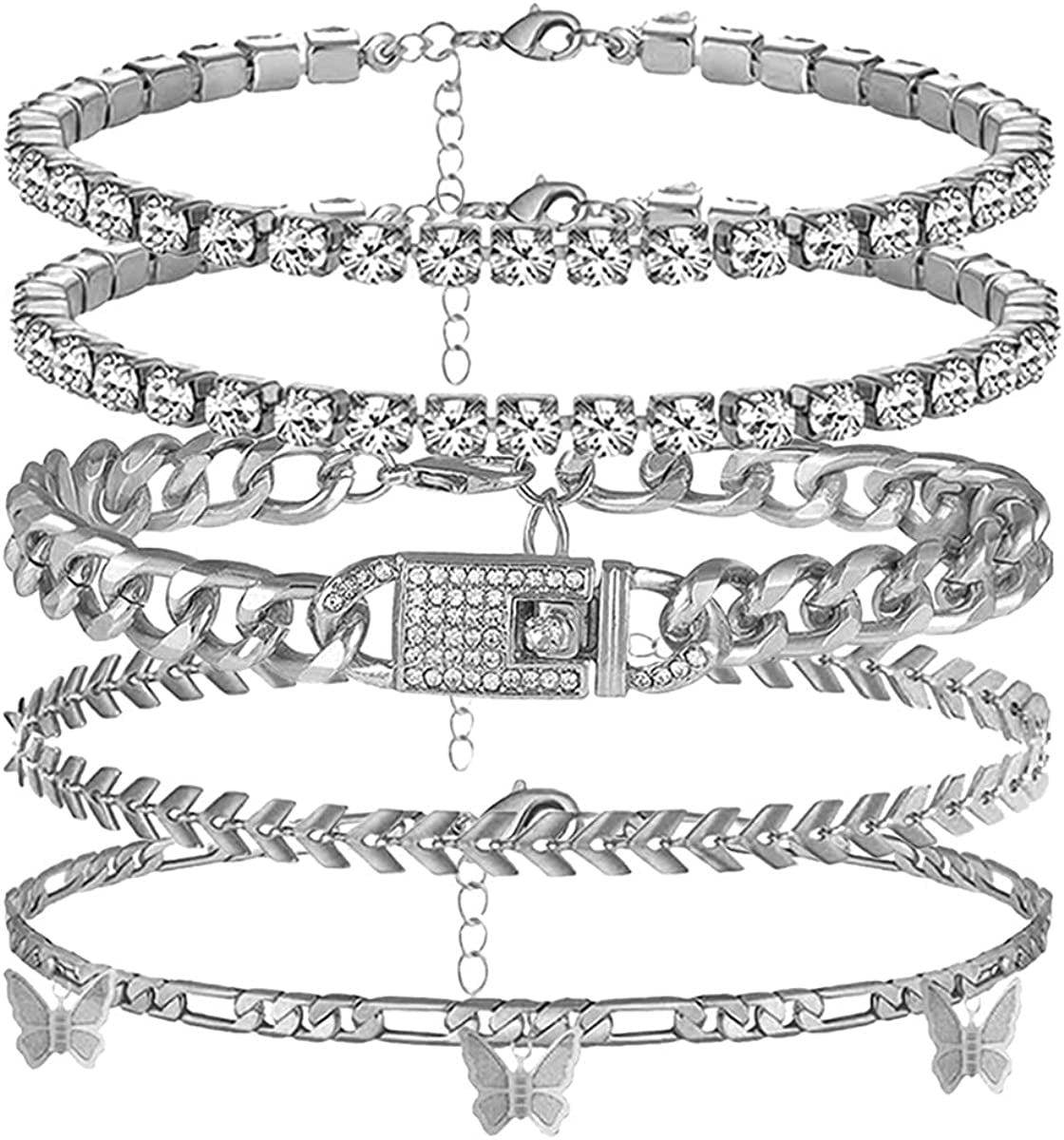 Ronglry 5Pcs Gold Ankle Bracelets for Women Girls Cuban Link Ankle Bracelet Cuban Chain Anklet Butterfly Anklet Set Rhinestone Tennis Anklet Adjustable Layered Link Anklets Summer Beach Gifts Apparel & Accessories > Jewelry > Anklets Ronglry silver