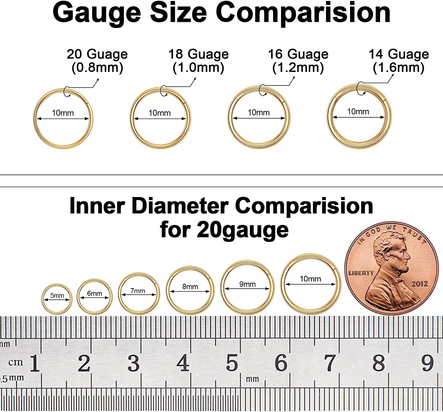 Ldurian Surgical Steel Nose Ring Hypoallergenic Nose Piercing Jewelry 20G 18G 16G 14G Diameter 5Mm to 16Mm Hinged Nose Rings Hoops for Women Gold Silver Rose Gold Black Color Apparel & Accessories > Jewelry > Rings KYLIE MAX