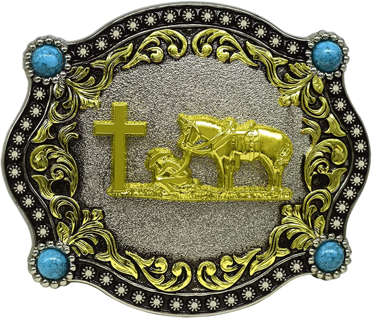Moranse Religion Cross Cowboy Kneeling Prayer and Horse Design Belt Buckles Apparel & Accessories > Clothing Accessories > Belt Buckles Moranse Pattern Goldren 5