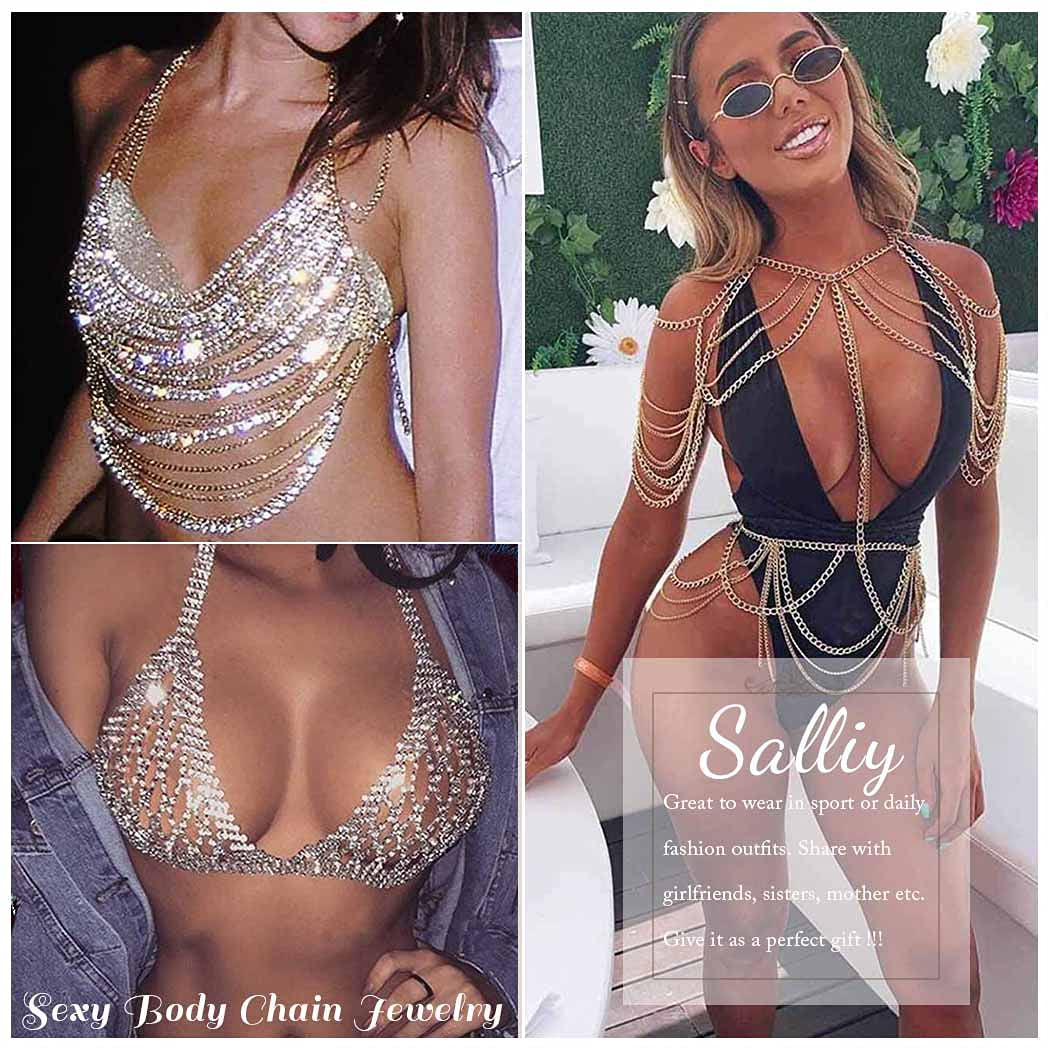 Salliy Boho Rhinestone Bikini Chain Set Silver Sexy Sequins Mesh Body Chains Summer Bra Body Jewelry for Women and Girls (F) Apparel & Accessories > Jewelry > Body Jewelry Salliy
