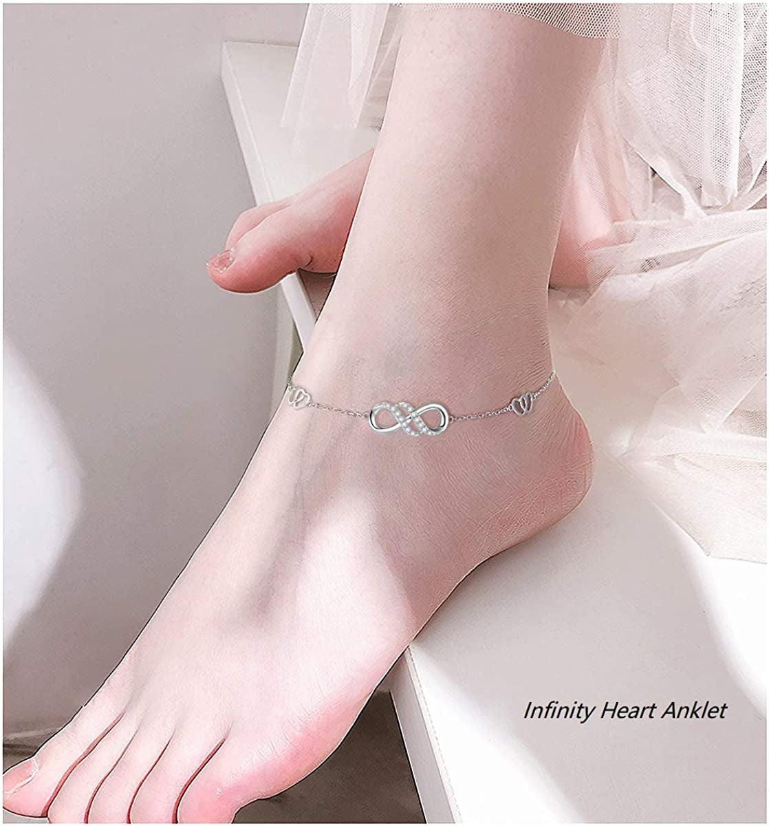 Infinity Anklet 925 Sterling Silver for Women Girls Adjustable Heart Ankle Bracelet Boho Beach Foot Chain 9+1 Inch Charm Jewelry Best Birthday Gifts Apparel & Accessories > Jewelry > Anklets FLYOW