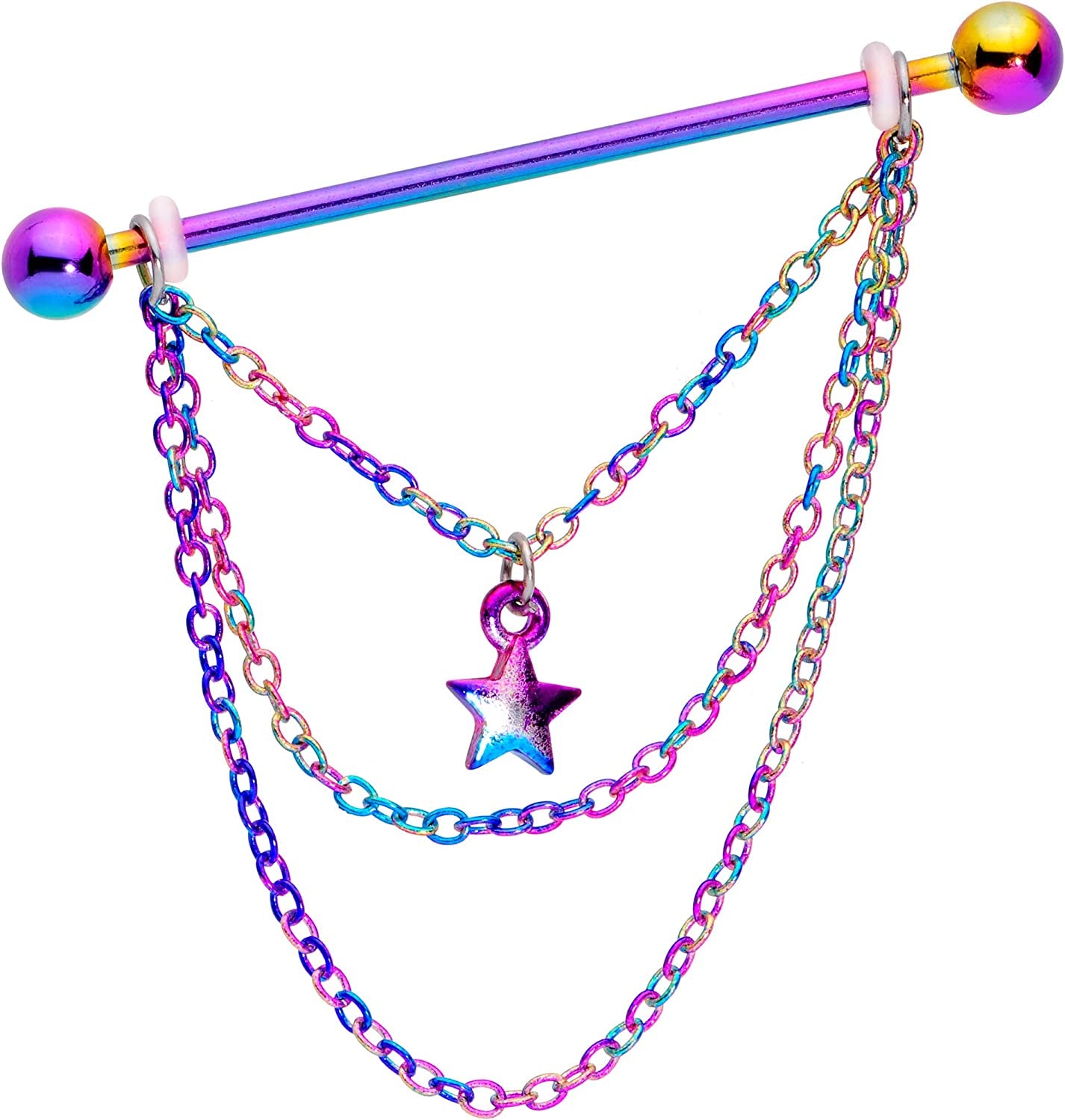 Body Candy Women 14G Rainbow Plated Steel Helix Cartilage Earring Star Chain Dangle Industrial Barbell 38Mm Apparel & Accessories > Jewelry > Body Jewelry Body Candy