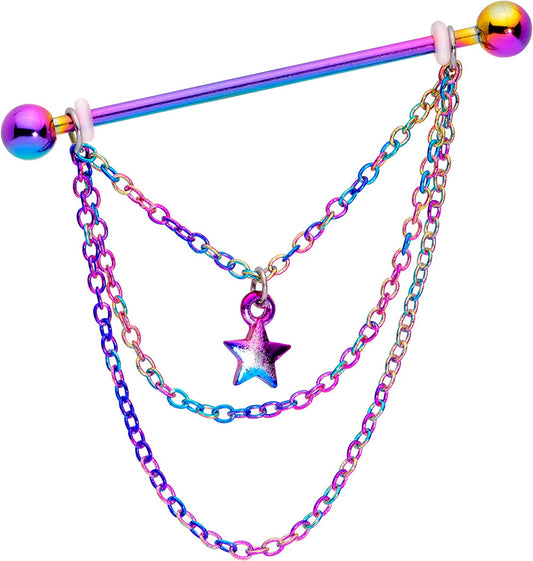 Body Candy Women 14G Rainbow Plated Steel Helix Cartilage Earring Star Chain Dangle Industrial Barbell 38Mm Apparel & Accessories > Jewelry > Body Jewelry Body Candy