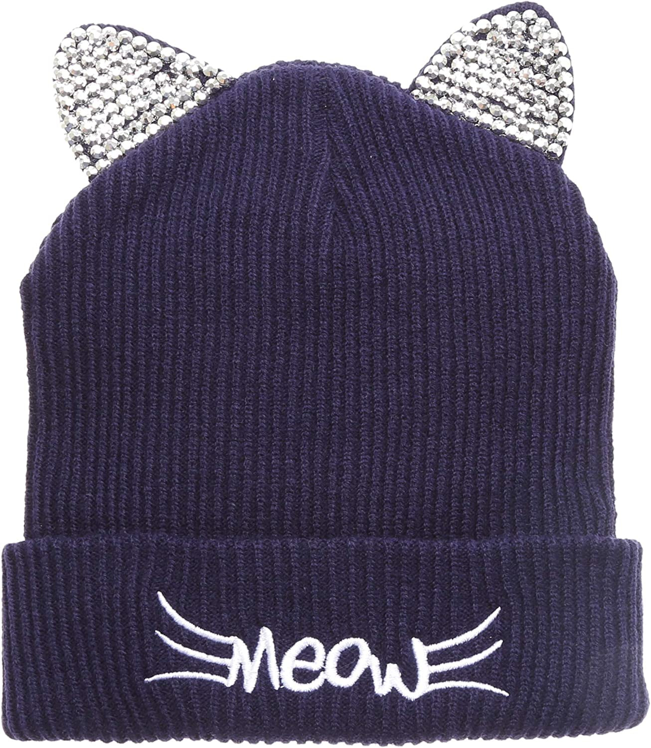 MIRMARU Women’S Soft Warm Embroidered Meow Cat Ears Knit Beanie Hat with Stone Embellished Apparel & Accessories > Clothing Accessories > Hats MIRMARU Navy One Size